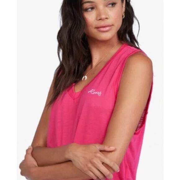 Roxy Women's Ocean Sweet Deep V-Neck Cropped Tee T-Shirt Tank Top in Hot Pink - Picture 5 of 7